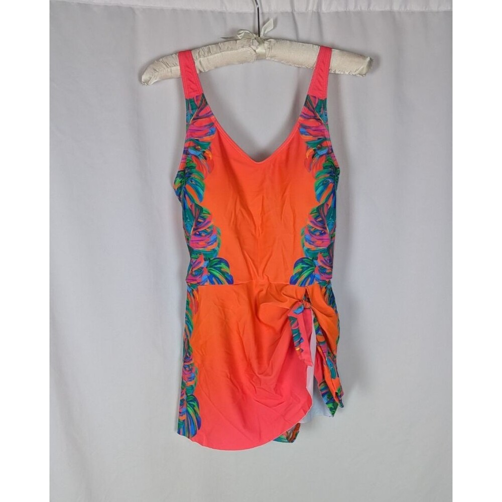 Swimdress Women's L Orange Tropical Print One Piece Full Coverage Vneck Beach